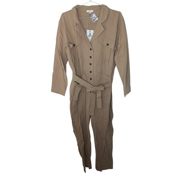 New Easel Women’s Utility Button Down Belted Jumpsuit 100% Cotton Tan Large - Picture 2 of 16